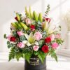 Luxury flower box Bangalore with lilies roses eucalyptus and baby’s breath for same day flower delivery