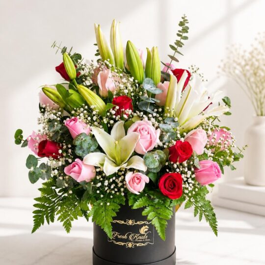 Luxury flower box Bangalore with lilies roses eucalyptus and baby’s breath for same day flower delivery