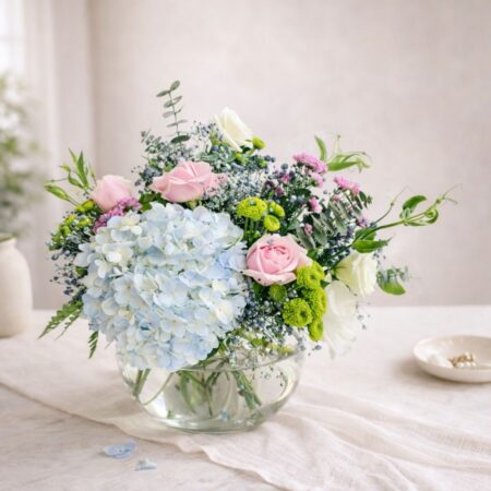 Hydrangea and pink rose vase arrangement for online flower delivery Bangalore