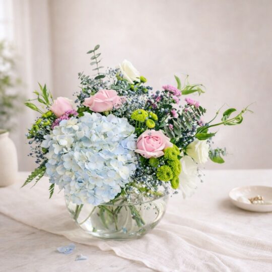 Hydrangea and pink rose vase arrangement for online flower delivery Bangalore