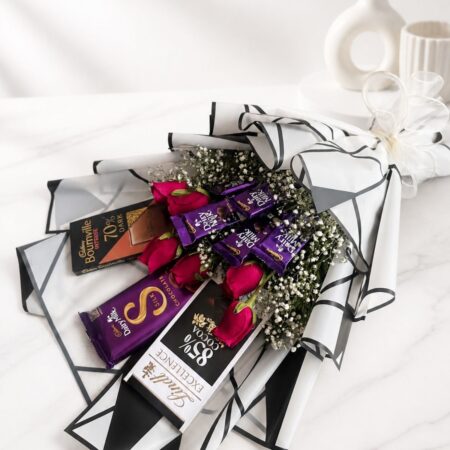 Chocolate bouquet with red roses and assorted premium chocolates – Cadbury Dairy Milk, Lindt, and Bournville – FreshKnots Bangalore