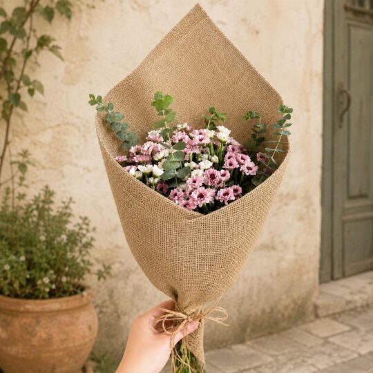 Pastel daisy chrysanthemum bouquet with eucalyptus and rustic jute wrapping for online flower delivery in Bangalore.