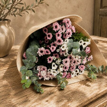 Pastel daisy chrysanthemum bouquet with eucalyptus and rustic jute wrapping for online flower delivery in Bangalore.