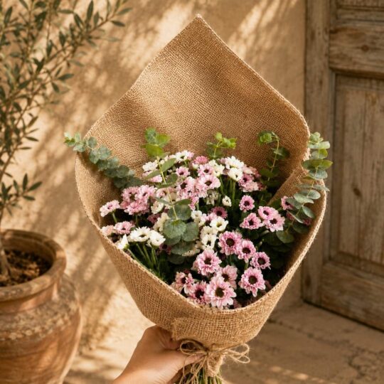 Pastel daisy chrysanthemum bouquet with eucalyptus and rustic jute wrapping for online flower delivery in Bangalore.