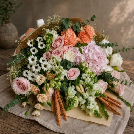 Luxury peach and blush flower bouquet with premium seasonal blooms and elegant wrapping for online flower delivery in Bangalore.