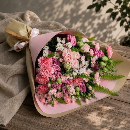 Premium European style pink flower bouquet with roses, carnations, eustoma and seasonal blooms by FreshKnots Bangalore.