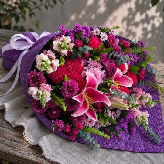 Luxury purple and magenta flower bouquet with seasonal blooms and earthy wrapping for online flower delivery in Bangalore.
