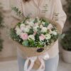 Premium pink and white rose bouquet with eucalyptus for online flower delivery in Bangalore.
