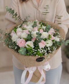 Premium pink and white rose bouquet with eucalyptus for online flower delivery in Bangalore.