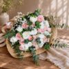 Premium pink and white rose bouquet with eucalyptus for online flower delivery in Bangalore.
