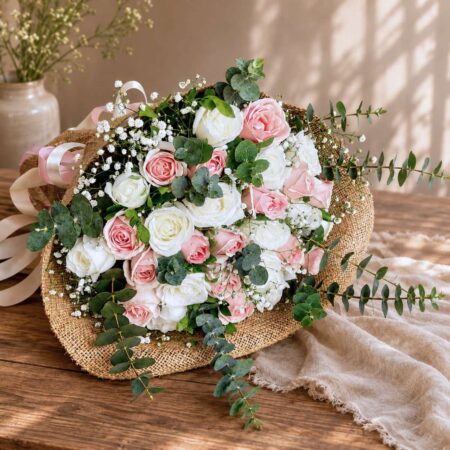 Premium pink and white rose bouquet with eucalyptus for online flower delivery in Bangalore.