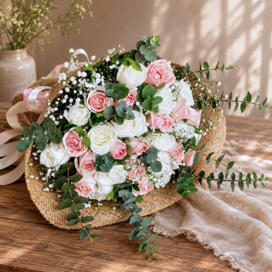 Premium pink and white rose bouquet with eucalyptus for online flower delivery in Bangalore.