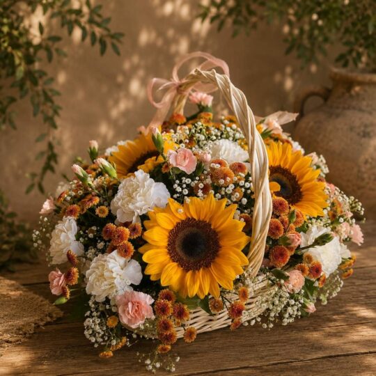 Luxury sunflower basket with carnations and seasonal flowers for online flower delivery in Bangalore.