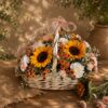 Luxury sunflower basket with carnations and seasonal flowers for online flower delivery in Bangalore.