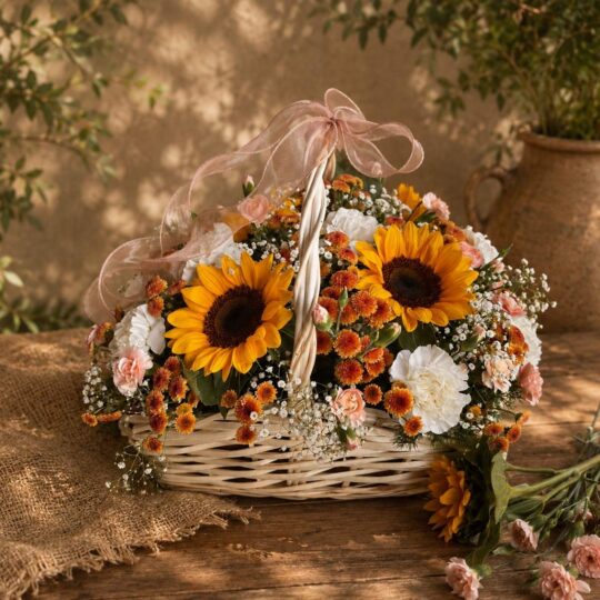 Luxury sunflower basket with carnations and seasonal flowers for online flower delivery in Bangalore.