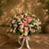 Premium blush rose, carnation, and chrysanthemum vase arrangement for online flower delivery in Bangalore.