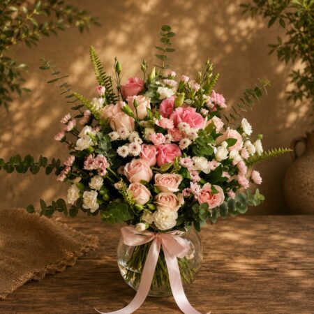 Premium blush rose, carnation, and chrysanthemum vase arrangement for online flower delivery in Bangalore.