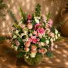 Premium blush rose, carnation, and chrysanthemum vase arrangement for online flower delivery in Bangalore.