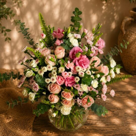 Premium blush rose, carnation, and chrysanthemum vase arrangement for online flower delivery in Bangalore.