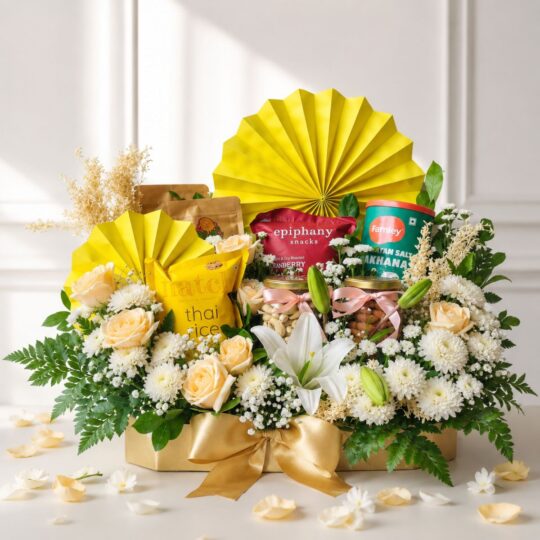 Luxury gourmet gift hamper with lilies, peach roses, healthy snacks and premium treats | Gift hamper delivery Bangalore | FreshKnots florist