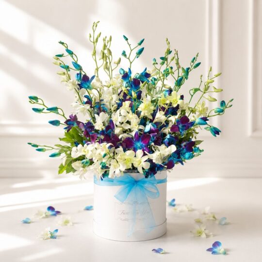 Luxury white and blue orchid hat box arrangement by FreshKnots for premium flower delivery in Bangalore.