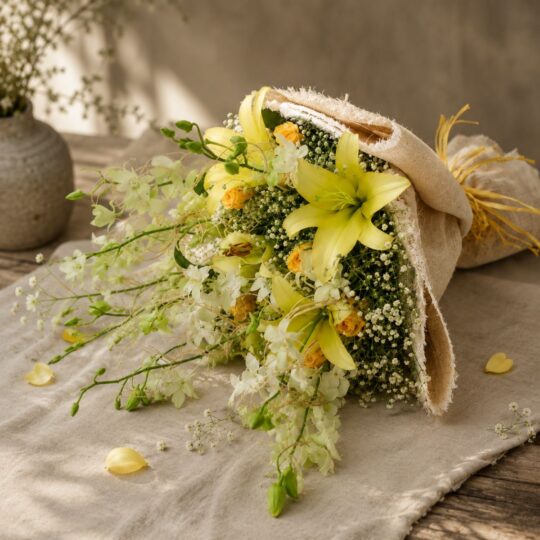 Premium yellow lily and white orchid bouquet for online flower delivery in Bangalore.