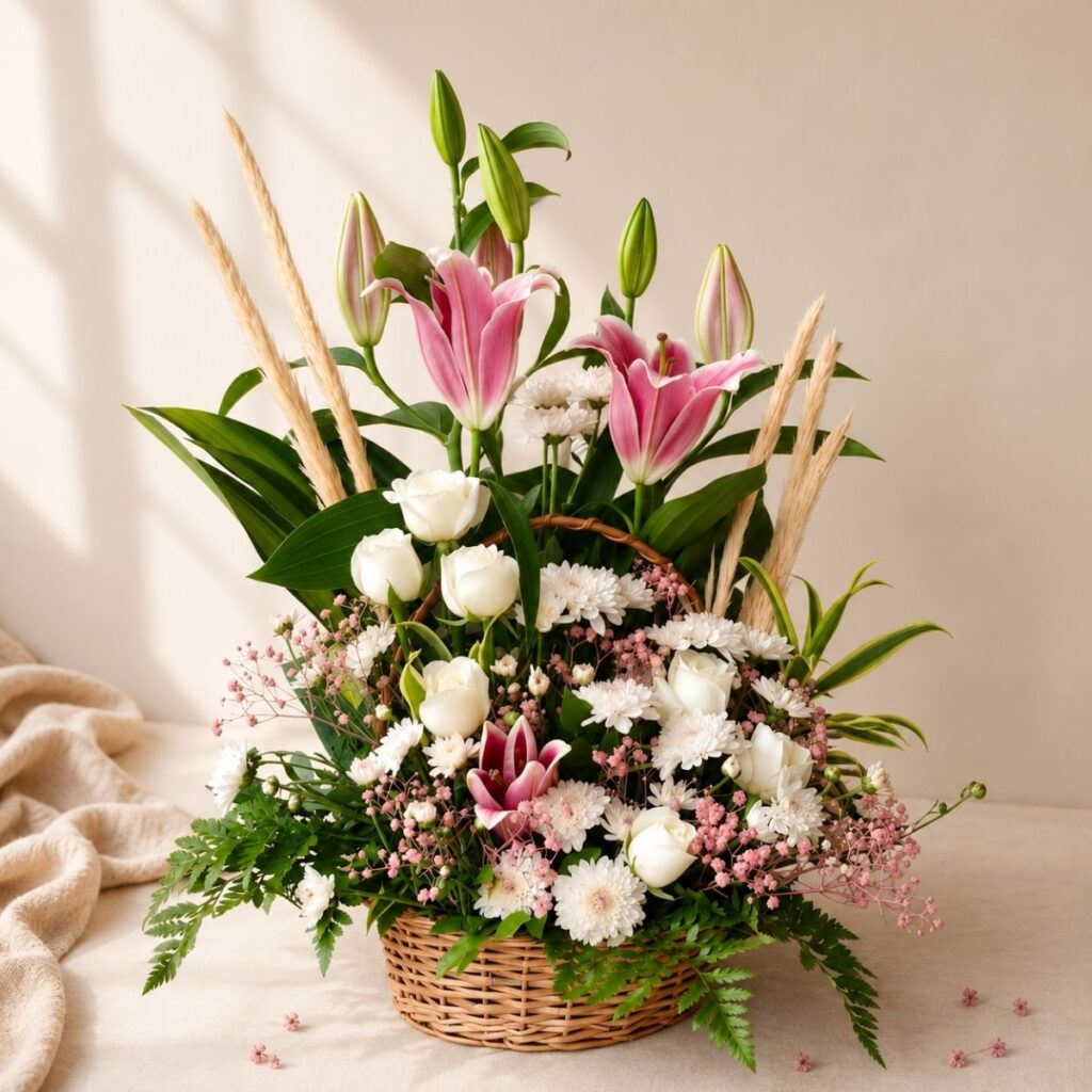 Willow and Bloom lily and rose basket arrangement, Bangalore flower delivery