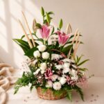 Willow and Bloom lily and rose basket arrangement, Bangalore flower delivery