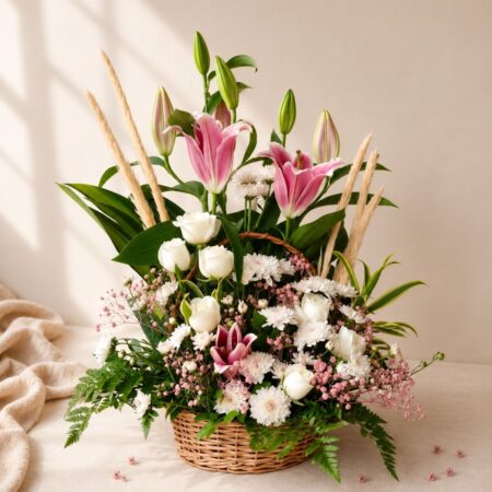 Willow and Bloom lily and rose basket arrangement, Bangalore flower delivery