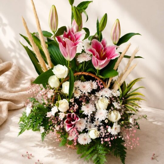 Willow and Bloom flower basket side view, Bangalore flower delivery