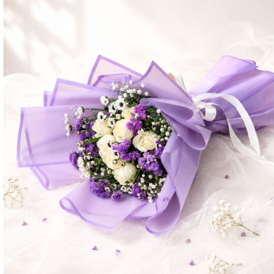 Premium bouquet of white roses, purple asters and baby's breath for same day flower delivery in Bangalore.