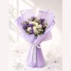 Premium bouquet of white roses, purple asters and baby's breath for same day flower delivery in Bangalore.