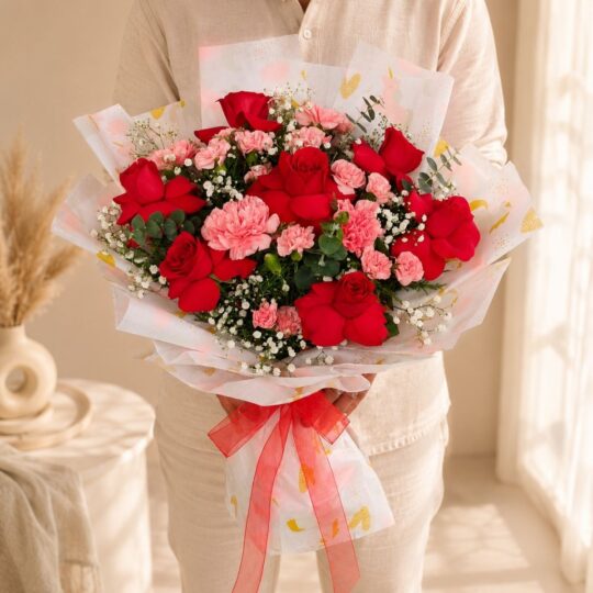 Rose carnation anniversary bouquet with red roses and pink carnations, Bangalore delivery