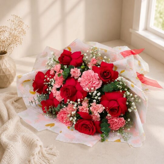 Close-up of red roses and pink carnations in anniversary bouquet