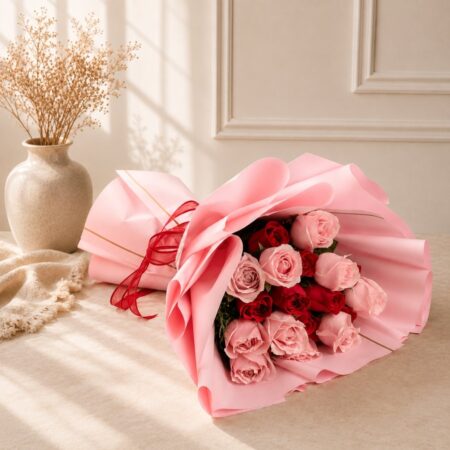 Rose Duet pink and red rose bouquet styled setting, Bangalore flower delivery