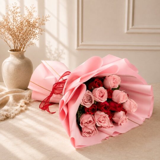 Rose Duet pink and red rose bouquet styled setting, Bangalore flower delivery