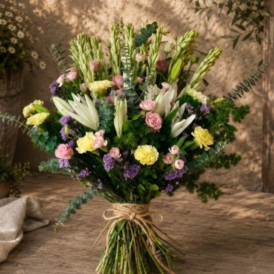 Giverny Claire French garden style bouquet styled setting, Bangalore flower delivery