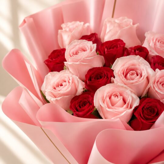 Close up of Rose Duet pink and red rose bouquet, Bangalore flower delivery