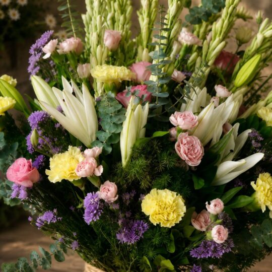 Close up of Giverny Claire French garden style bouquet, Bangalore flower delivery