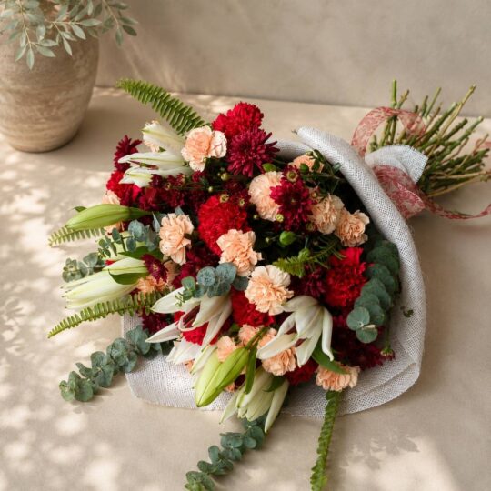 Chianti Muse burgundy European bouquet laid flat, Bangalore flower delivery