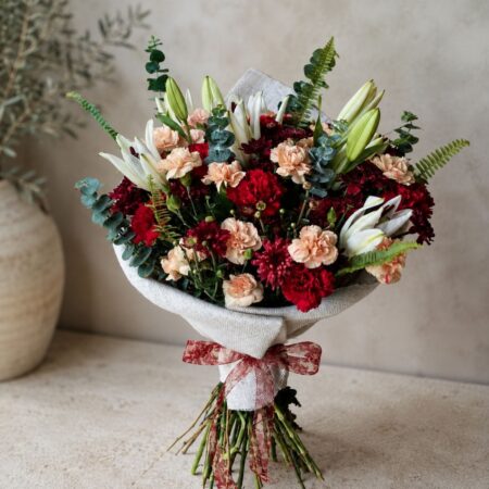 Chianti Muse burgundy European bouquet with lilies and carnations, Bangalore flower delivery