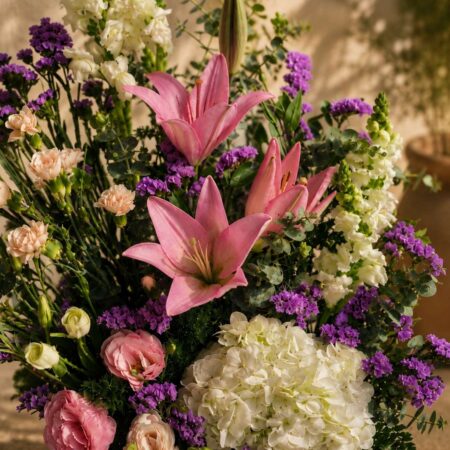 Close up of Bellagio Celeste luxury European flower basket, Bangalore flower delivery