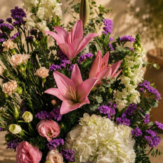 Close up of Bellagio Celeste luxury European flower basket, Bangalore flower delivery