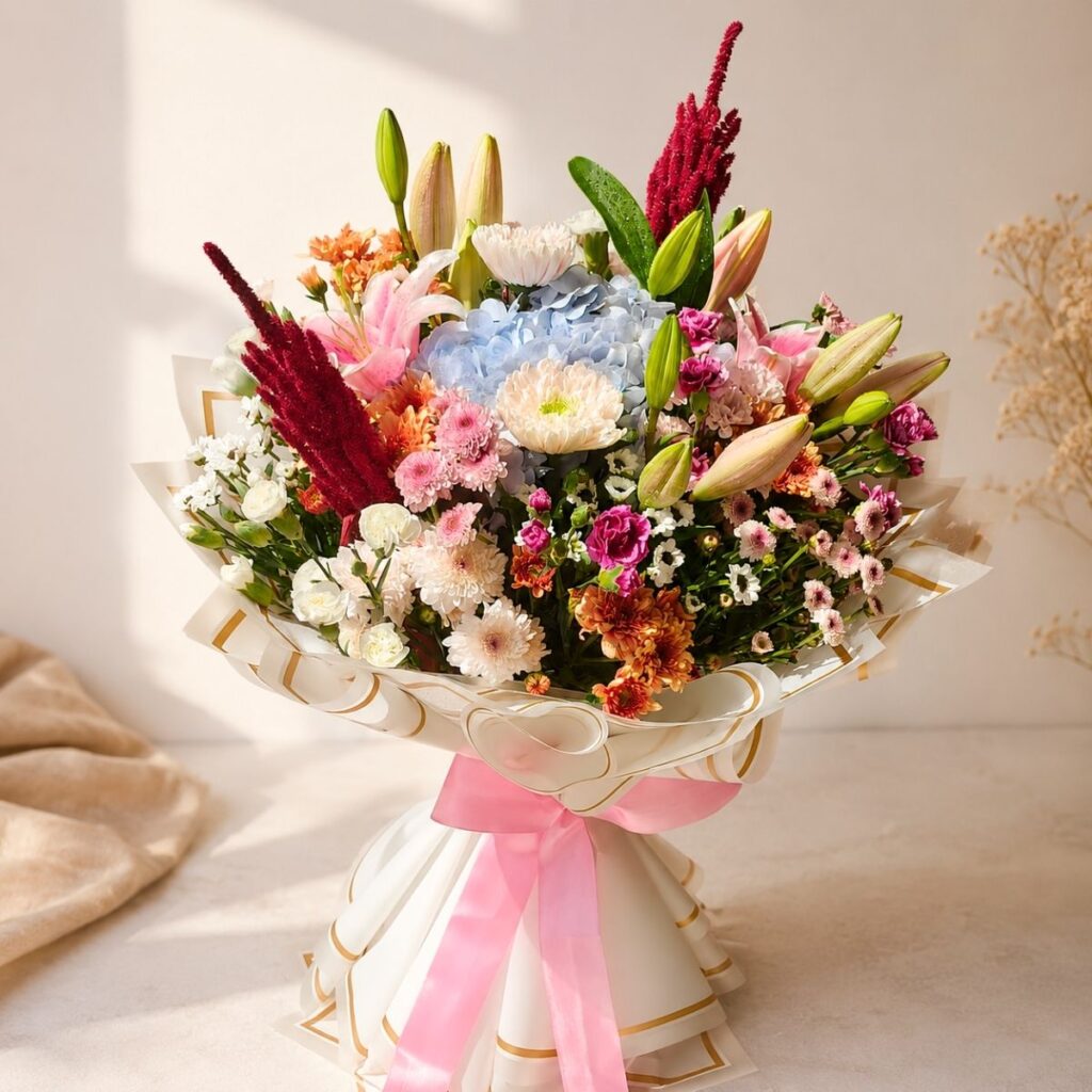 Close up of Garden Rhapsody luxury mixed flower bouquet, Bangalore flower delivery