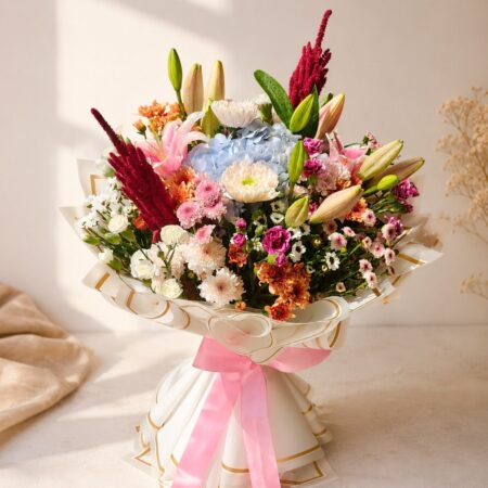 Close up of Garden Rhapsody luxury mixed flower bouquet, Bangalore flower delivery