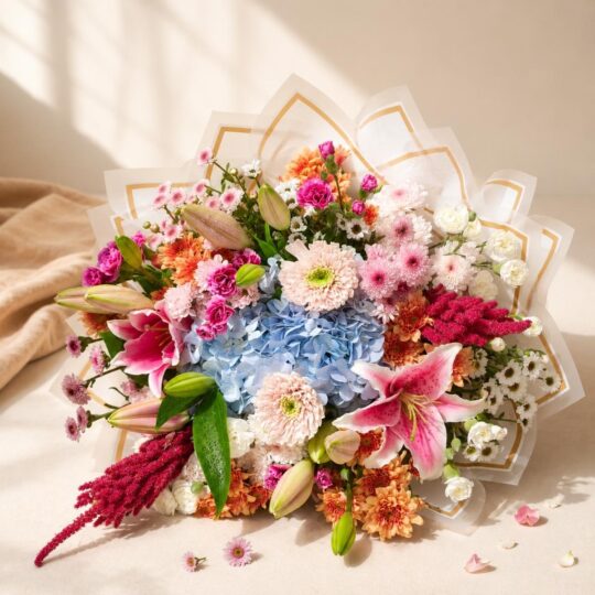 Garden Rhapsody luxury mixed flower bouquet with hydrangea and lilies, Bangalore flower delivery