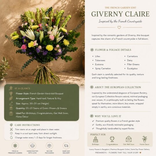 Giverny Claire French garden style bouquet infographic with lilies, tuberoses and eucalyptus, European Collection Bangalore flower delivery
