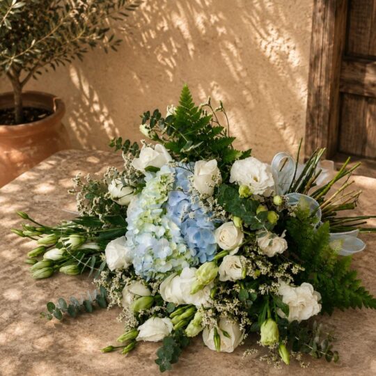 Mykonos Breeze bouquet lying flat, white rose hydrangea Bangalore