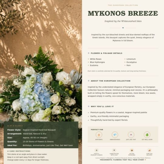 Mykonos Breeze bouquet details, European Collection Bangalore