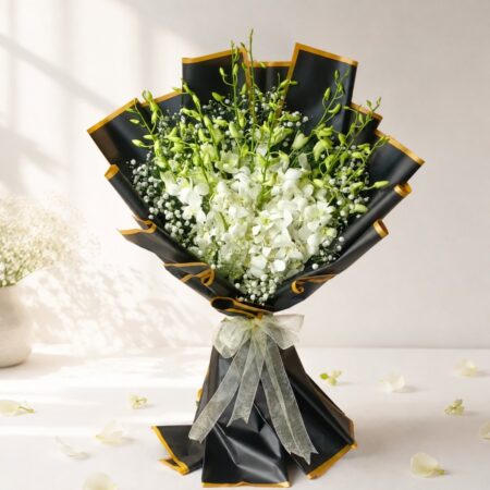 Noir and Ivory white orchid bouquet wrapped in black and gold, Bangalore